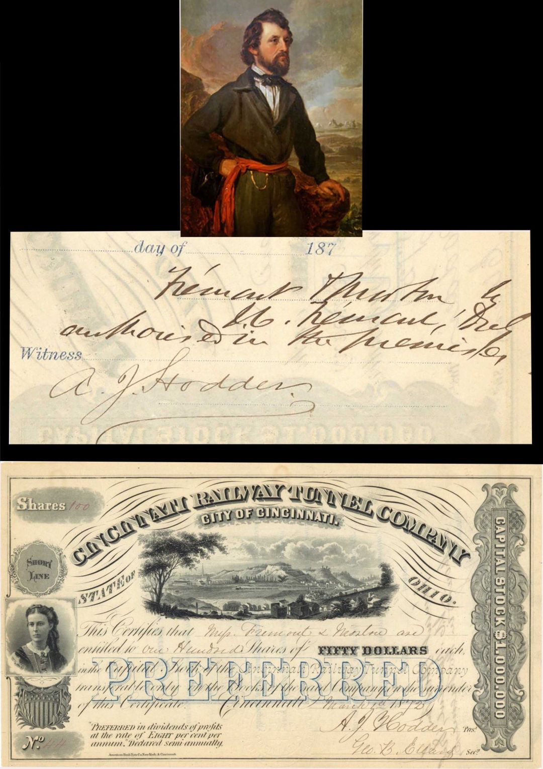 Cincinnati Railway Tunnel Co. signed by John C. Fremont - 1872 dated Autographed Stock Certificate