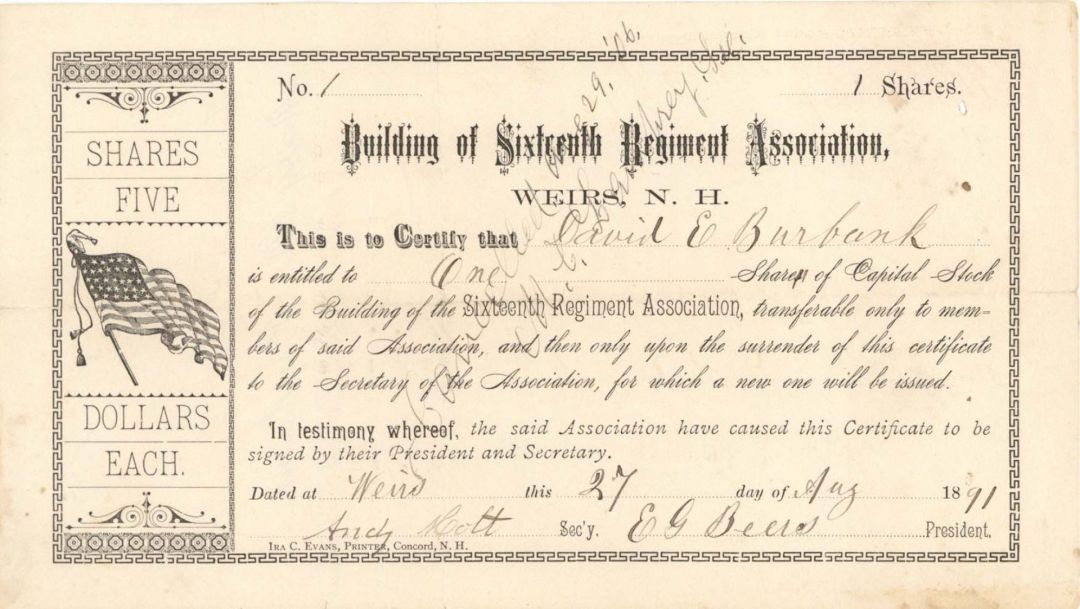 Building of the Sixteenth Regiment Association - 1891 dated Stock Certificate