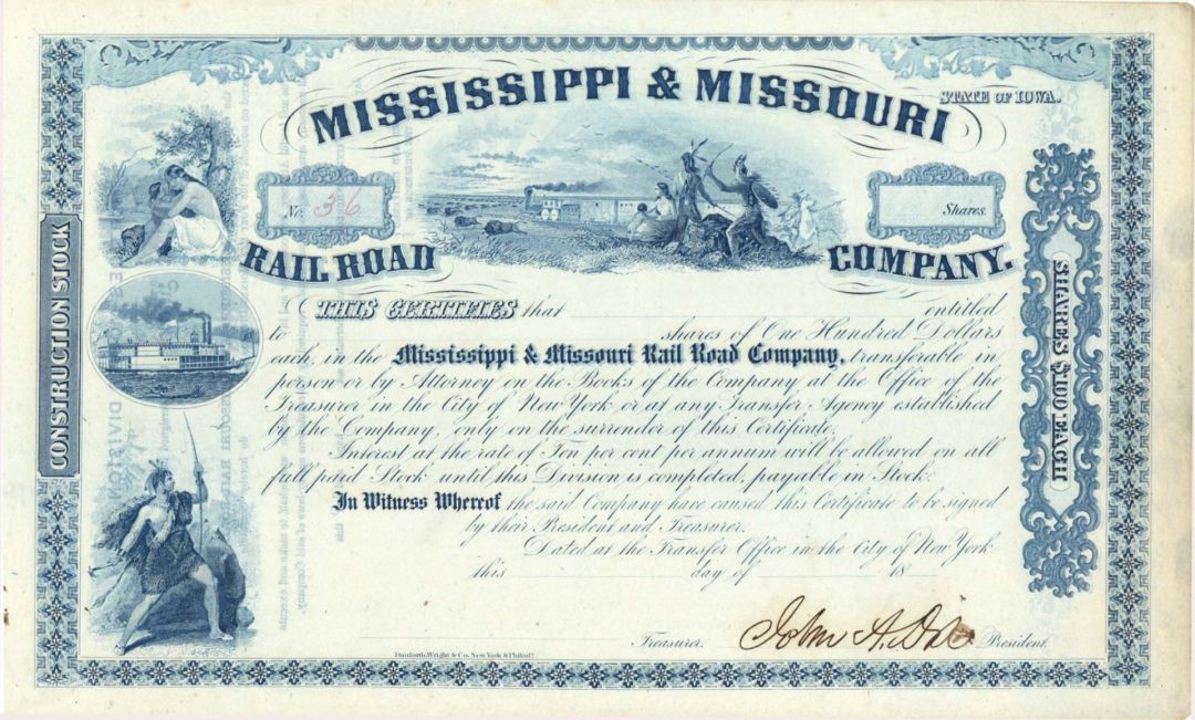 Mississippi and Missouri Railroad Co. Signed by General John A. Dix - Unissued Autographed Stock Certificate
