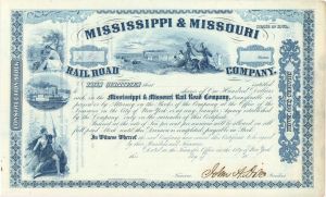 Mississippi and Missouri Railroad Co. Signed by General John A. Dix - Unissued Autographed Stock Certificate