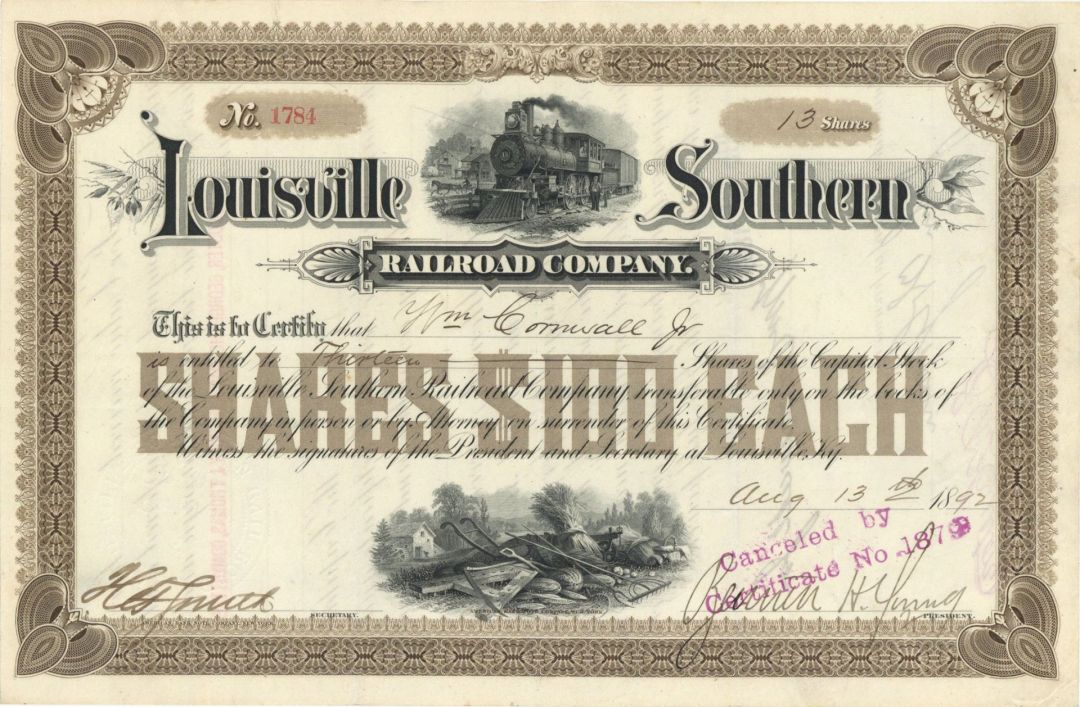 Louisville Southern Railroad signed by Bennett H. Young - Autograph Railway Stock Certificate