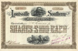 Louisville Southern Railroad signed by Bennett H. Young - 1890's dated Autograph Railway Stock Certificate