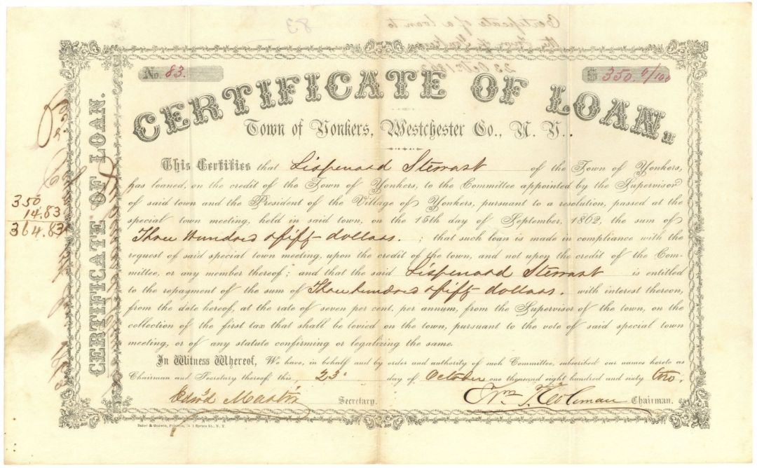 1862-1864 dated Certificate of Loan Town of Yonkers, Westchester Co., N.Y. - Various Denominations Civil War Bond