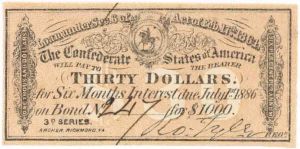 Confederate Coupon from an Authentic Confederate States of America Bond - Measures 3" x 1 1/2" from the 1861-1865