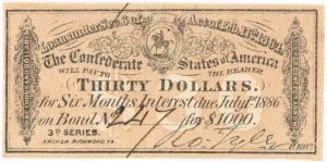 Confederate Coupon from an Authentic Confederate States of America Bond - Measures 3 x 1 1/2 from the 1861-1865