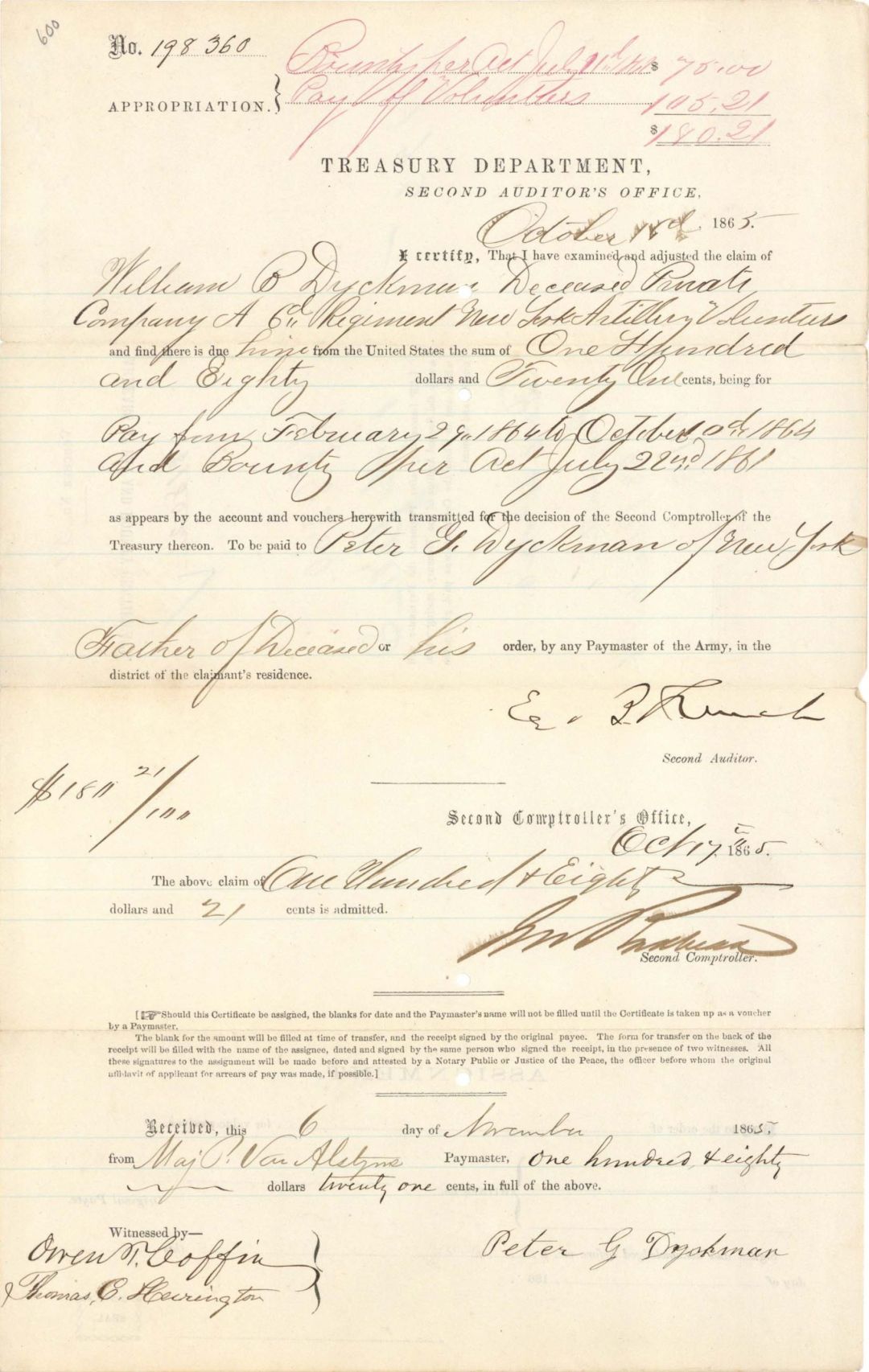 Civil War Treasury Dept. Paper - 1865 dated Civil War Document