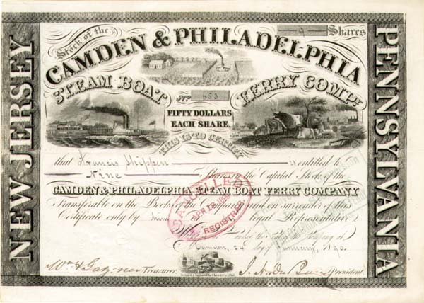 Camden and Philadelphia Steamboat Ferry Compy. - Stock Certificate