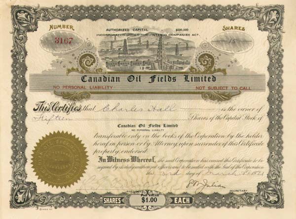 Canadian Oil Fields Limited - Stock Certificate