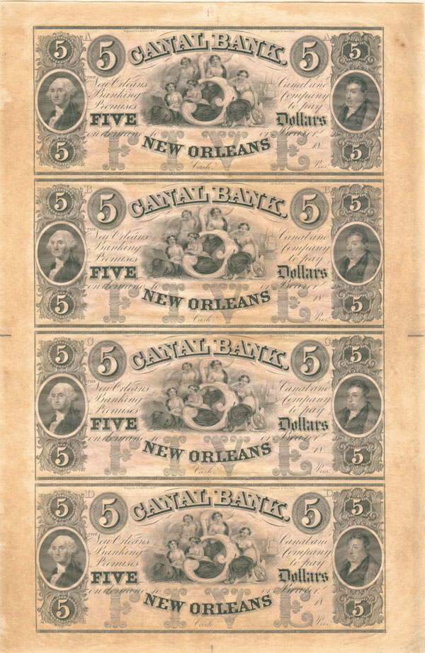 $5 Canal Bank - Uncut Obsolete Sheet of 4 Notes - Broken Bank Notes - Paper Money