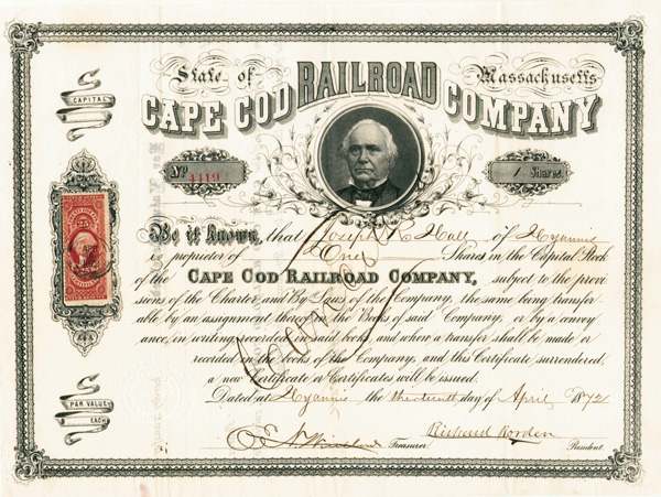 Richard Borden signed Cape Cod Railroad - Stock Certificate