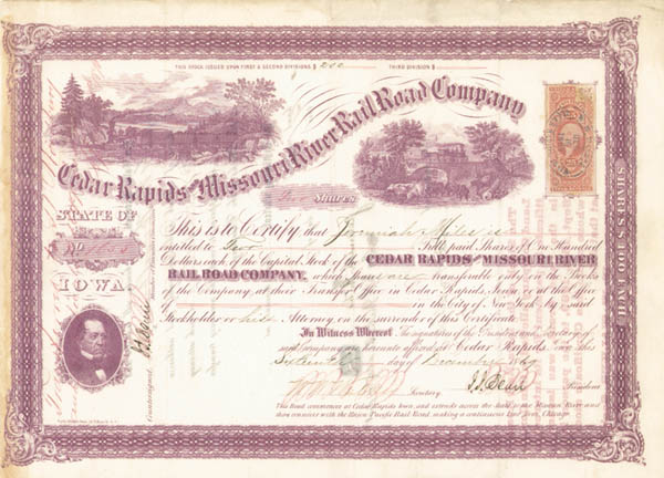 Cedar Rapids and Missouri River Railroad - Stock Certificate