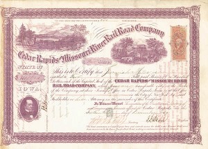 Cedar Rapids and Missouri River Railroad - Stock Certificate