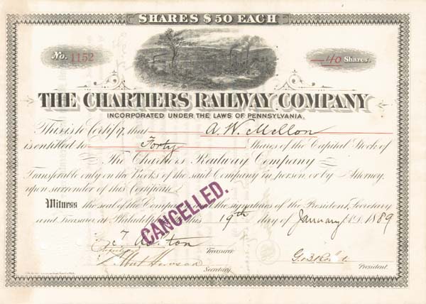 Andrew W. Mellon - Chartiers Railway Co - Stock Certificate (Uncanceled)