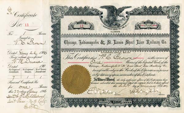 Chicago, Indianapolis and St. Louis Short Line Railway - Stock Certificate