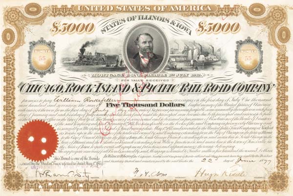 William Rockefeller signed Chicago, Rock Island and Pacific Railroad $5,000 Bond