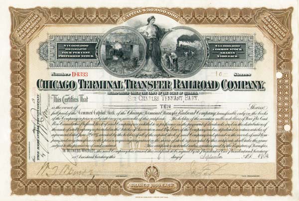 Sir Charles Tennant - Chicago Terminal Transfer Railroad - Stock Certificate