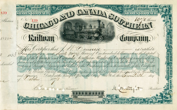 Sidney Dillon - Chicago and Canada Southern Railway - Stock Certificate