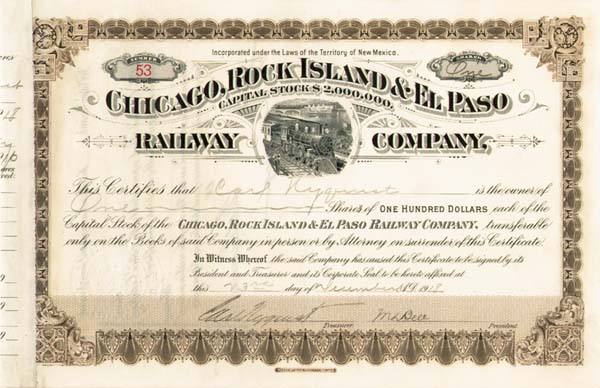 Chicago, Rock Island and El Paso Railway - Stock Certificate