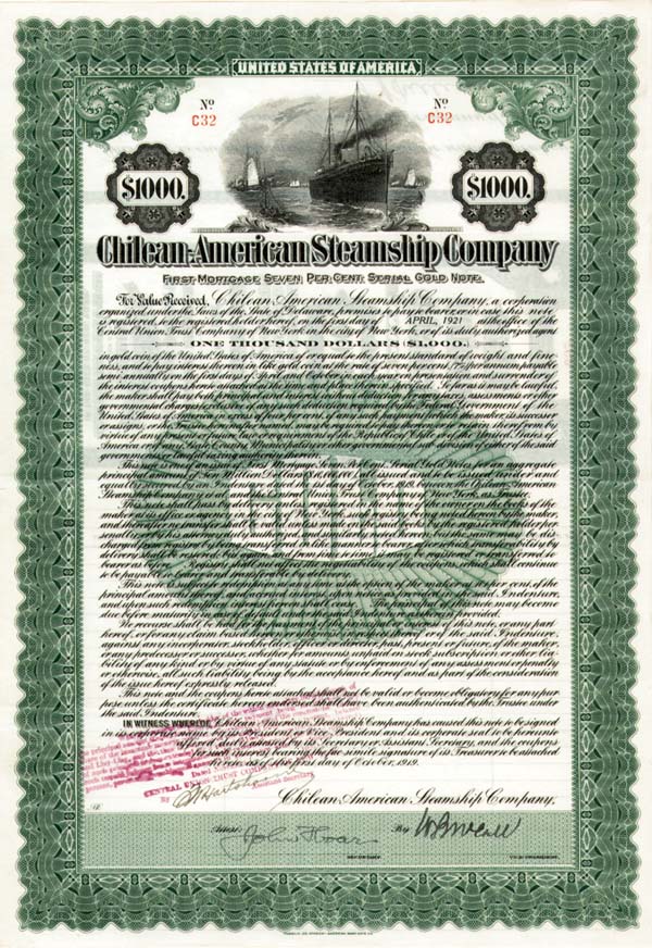 Chilean-American Steamship Co  - Bond (Uncanceled)