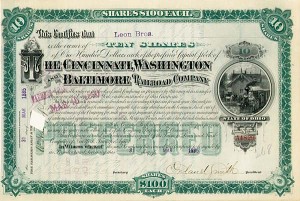 Cincinnati, Washington and Baltimore Railroad signed by Orland Smith - Stock Certificate