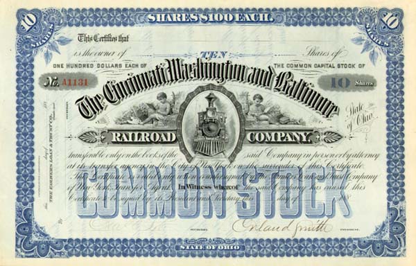 Cincinnati, Washington and Baltimore Railroad Co. Signed by Orland Smith - Stock Certificate