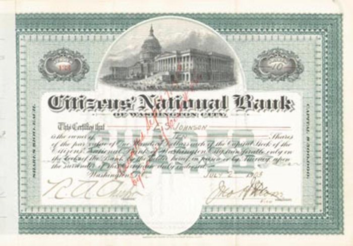 Citizens' National Bank of Washington City - Stock Certificate