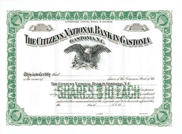 Citizens National Bank in Gastonia - Stock Certificate