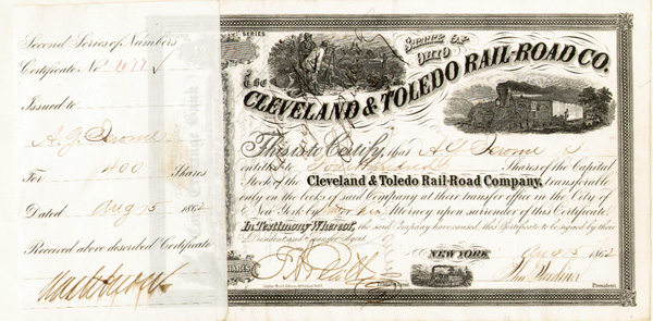 Cleveland and Toledo Railroad signed by Addison G. Jerome - Stock Certificate