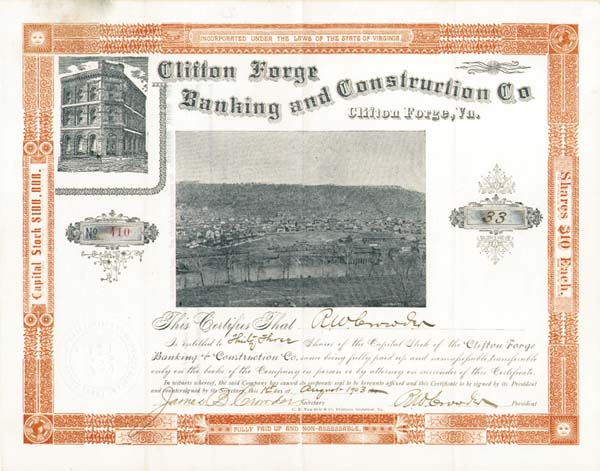 Clifton Forge Banking and Construction Co. - Stock Certificate (Uncanceled)