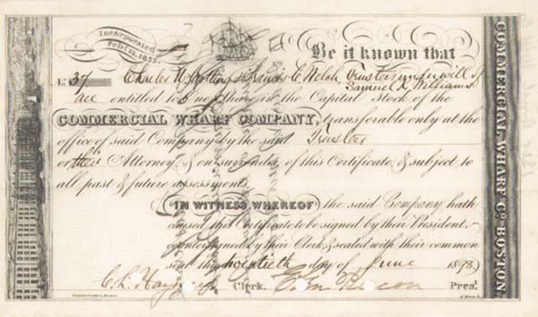 Commercial Wharf Co. - Shipping Stock Certificate