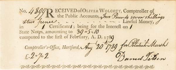 1789 dated Receipt of Lawful Money - Connecticut Revolutionary War - Americana