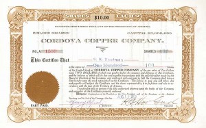 Cordova Copper Co. - Stock Certificate