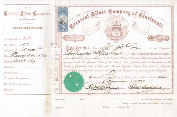 Crescent Silver Co. of Cincinnati - Stock Certificate