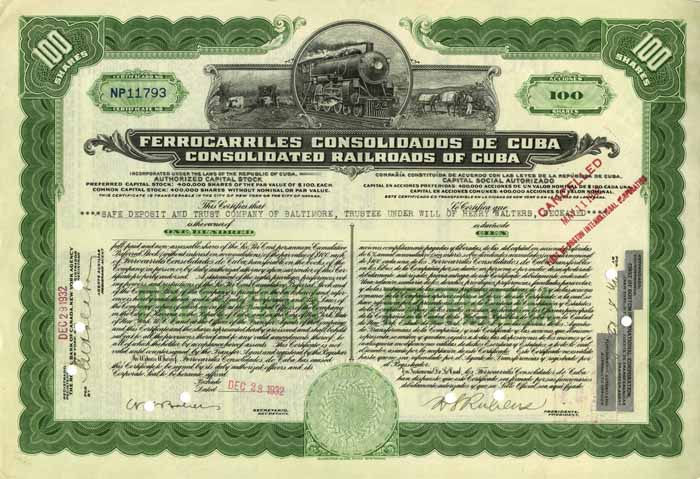 Consolidated Railroads of Cuba - Ferrocarriles Consolidados de Cuba - Stock Certificate