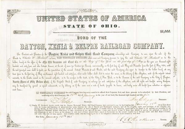 Dayton, Xenia and Belpre Railroad Co. - $1,000 - Bond (Uncanceled)