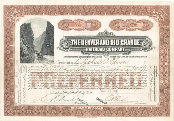 Denver and Rio Grande Railroad - Stock Certificate (Uncanceled)