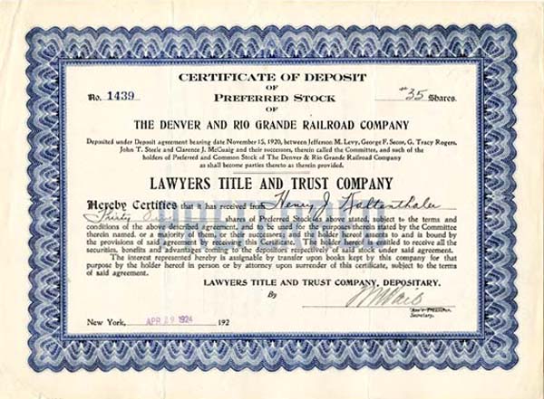 Denver and Rio Grande Railroad Co. - Preferred Stock Certificate