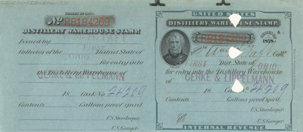 Internal Revenue Stamp signed by William Howard Taft