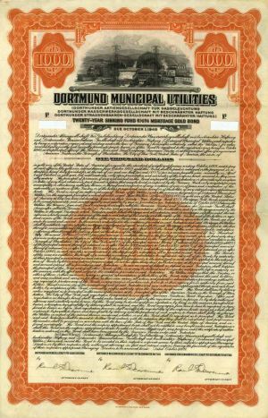 Dortmund Municipal Utilities 6.5% Uncancelled $1000 Bond dated 1928 - Includes PASS-CO Authentication