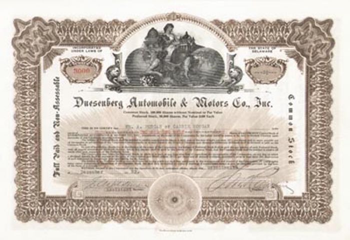 Duesenberg Automobile and Motors Co., Inc. - Stock Certificate (Uncanceled)