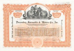 Duesenberg Automobile and Motors Co., Inc. - Stock Certificate (Uncanceled)