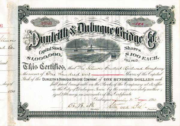 Stuyvesant Fish - Dunleith and Dubuque Bridge Co. - 1890 dated Autograph Railway Stock Certificate