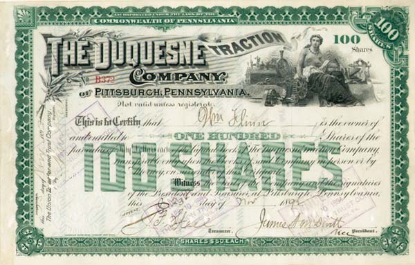 Duquesne Traction Co of Pittsburgh, Pennsylvania - Stock Certificate