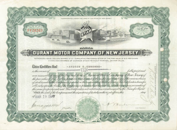 Durant Motor Co of New Jersey - Stock Certificate