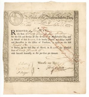 State of the Massachusetts Bay Bond - 1777 - Early Stocks and Bonds