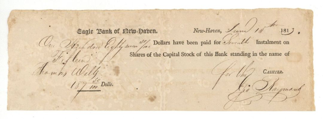 Eagle Bank of New Haven - 1813 dated Stock Certificate