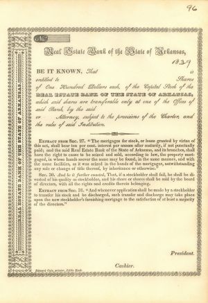 Real Estate Bank of the State of Arkansas - 1830's Unissued Banking Stock Certificate