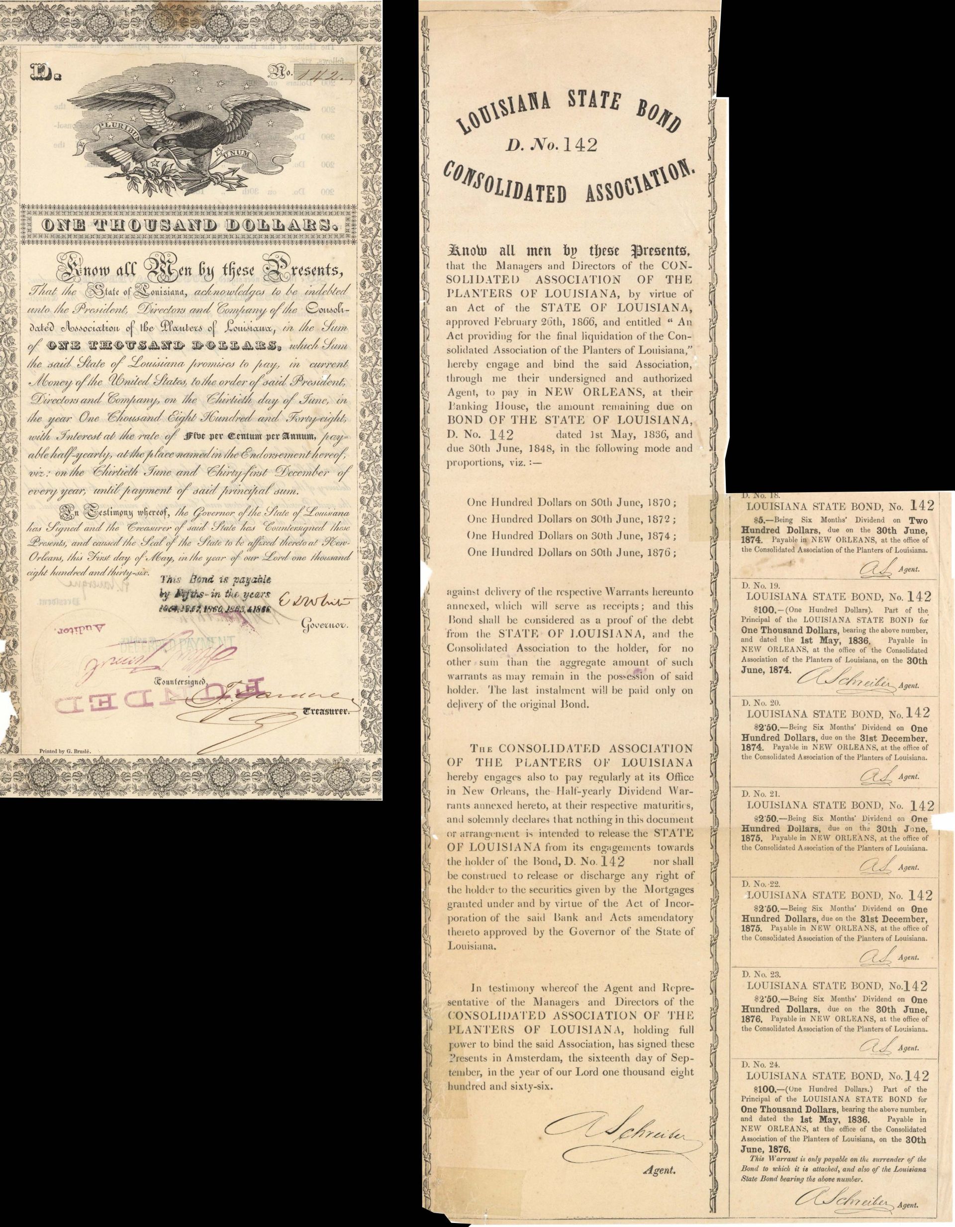 Consolidated Association of the Planters Bond dated 1836 - State of Louisiana signed by Governor Edward Douglass White Senior