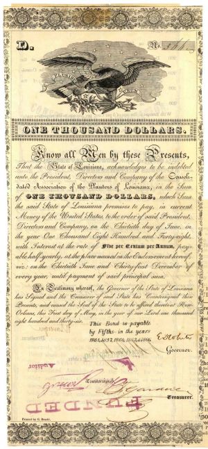 Consolidated Association of the Planters Bond dated 1836 - State of Louisiana signed by Governor Edward Douglass White Senior
