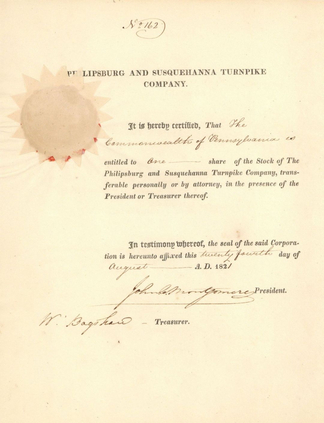 Philipsburg and Susquehanna Turnpike Co. - Stock Certificate